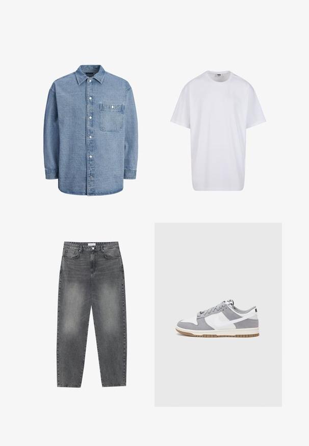 Helles blaues Denimhemd mit klassischem Kragen, durchgängiger Knopfleiste und einer einzelnen Brusttasche mit Klappe und Druckknopf.; Weiße Baumwoll-T-Shirt mit kurzen Ärmeln, rundem Ausschnitt, lockerer Passform und ohne sichtbare Logos oder Muster. Glatte Textur und minimalistisches Design.; Hoch taillierte, locker sitzende Jeans aus verwaschenem schwarzem Denim. Verfügt über fünf Taschen, Gürtelschlaufen und ein sauberes, gerades Bein-Design.; Graue und weiße Sneaker mit einem Obermaterial aus Wildleder und Leder, abgerundeter Spitze, flachen Schnürsenkeln und einer Gummisohle mit einem Kautschukakzent.