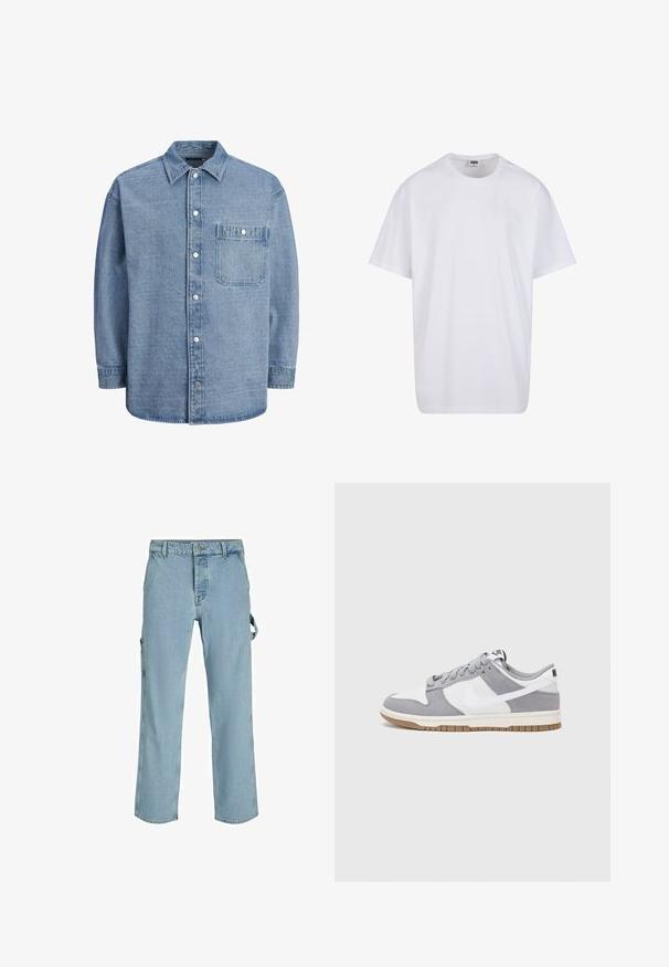 Svetlo modrá denimová košeľa so klasikou golierom, predným uzáverom na gombíky a jedinou náprsní vreckom s chlopňou a patentným gombíkom.; Biela bavlnená tričko s krátkymi rukávmi, okrúhlym výstrihom, uvoľneným strihom a žiadnymi viditeľnými logami alebo vzormi. Hladká textúra a minimálny dizajn.; Svetlomodré džíny cargo s voľným strihom, s bočnými slučkami na pripevnenie a prednými vreckami, s vyblednutou textúrou.; Sivé a biele tenisky s vrchom z semišu a kože, zaoblenou špičkou, plochými šnúrkami a gumovou podrážkou s akcentom vo farbe gumy.