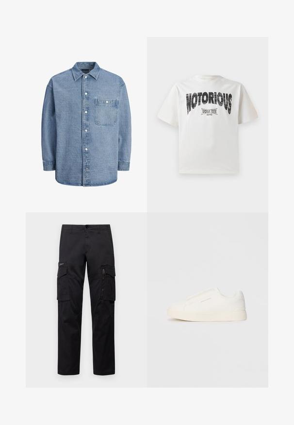 Šviesiai mėlynas džinsinis marškinis su klasikinėmis apykaklėmis, priekyje su mygtukais ir viena krūtine kišenė su atvartu ir snapeliais.; Balta medvilnės marškinėliai trumpomis rankovėmis, su ryškiu juodu užrašu "NOTORIOUS" ir dizainu "WORLD TOUR 1990" apačioje, atspausdintu su senoviniu efektu.; Juodos krovinių kelnės, turinčios kelis kišenes, užtrauktuku uždaromą kišenę ant šlaunies, tiesaus kirpimo ir tvirtos medvilnės audinys su nežymiu blizgesiu.; Baltos slip-on sportbačiai su tekstūruota paviršiumi, storesniu padu ir minimalistišku dizainu. Šone matosi prekės ženklo logotipas.