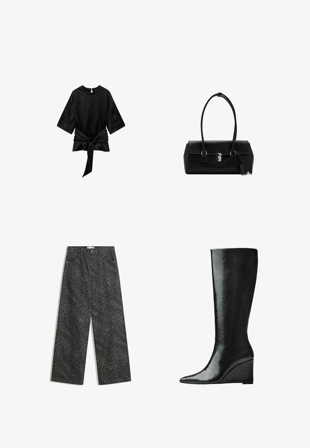 Črna majica s krožnim izrezom, kratkimi rokavi in mehkobo; na sprednji strani ima vezan pas za strukturirano silhueto.; Črne denimske široke hlače z diskretnim leopardjim vzorcem, kovinskimi zakovicami na pasu in klasičnim petimi žepi.; Črne usnjene škornje do kolen s sleek, koničastim nosom in klinastim peto. Površina je gladka z sijočim slojem.; Črna usnjena torbica z gladko teksturo, strukturirano zasnovo, dvema ročkama in s srebrnim sponko na sredini.