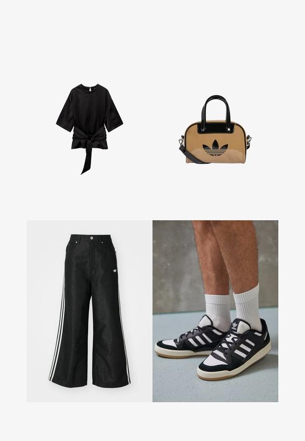 Črna majica s krožnim izrezom, kratkimi rokavi in mehkobo; na sprednji strani ima vezan pas za strukturirano silhueto.; Črne široke jeans hlače z dvema belima črtama na vsaki strani in majhnim belim logotipom. Imajo sprednje žepke in zapiranje na gumb.; Črno-bele superge z zgornjim delom iz usnja in nubuka, ki imajo tri bele črte, perforiran vrh prstov in podplat iz gume.; Svetlo rjav torbica z črnimi lakastimi usnjenimi dodatki, zaobljene oblike, dvojni ročaji in izbočeno črno logotip na sprednji strani.