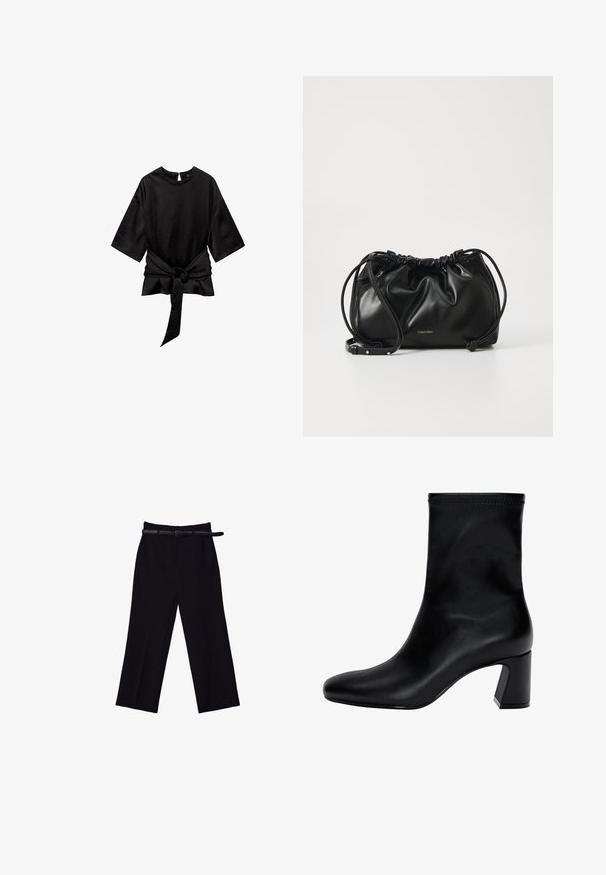 Sort top med rund hals, korte ærmer og blød tekstur; har et knyttet taljedetalje foran for en struktureret silhuet.; Sorte brede bukser med en glat tekstur. Har en tætsiddende talje, bæltestropper og forlommer.; Sort ankelstøvle lavet af glat læder. Har en firkantet tå, elastisk kant og en kraftig hæl for stabilitet. Minimalistisk design.; Sort læderhåndtaske med samlet design, dobbelt snørelukning og aftagelig skulderrem. Har metal-logo detaljer.