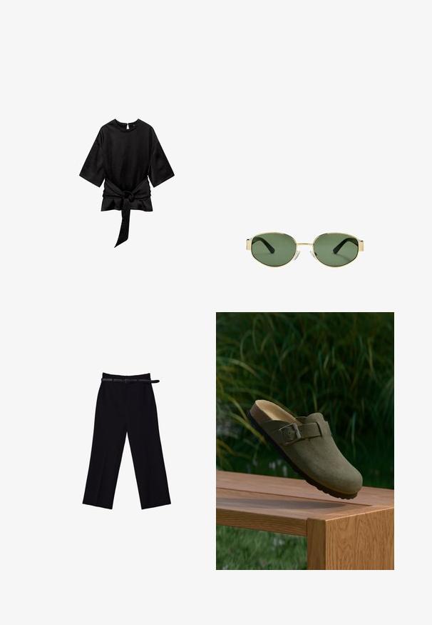 Čierny top s okrúhlym výstrihom, krátkymi rukávmi a mäkkou textúrou; má detail viazania v páse vpredu pre štruktúrovaný siluetu.; Čierne nohavice s širokými nohavicami a hladkým povrchom. Obsahujú priliehavý pás, pútka na opasok a predné vrecká.; Zelené semišové klintové papuče s okrúhlou špičkou, nastaviteľnou kovovou prackou a tvarovanou korkovou stielkou. Textúrovaná podrážka na drevenom povrchu.; Slnko zlatohnedých kovových rámových okuliarov s zelenými tónovanými sklami, oválnym tvarom, čiernymi stranami a priehľadnými nosnými podložkami. Čistý, minimalistický dizajn.; Čierna kožená kabelka s akcentmi zlatého hardvéru, s podpisovým zapínaním, odnímateľným ramenným popruhom a štruktúrovaným povrchom.
