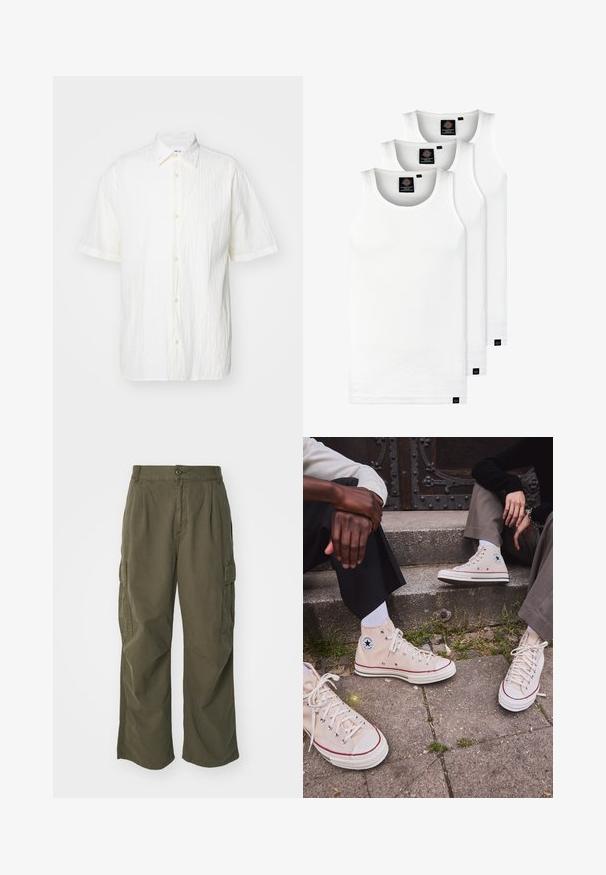 NN.07 FREDDY - Chemise - offwhite; Trois débardeurs blancs côtelés en coton. Présentent un col rond et de petites étiquettes noires près de l'ourlet. Disponibles en plusieurs tailles.; Pantalons cargo en vert olive, en coton, avec une coupe large, des plis et des poches latérales pour plus de praticité.; Baskets montantes en toile beige avec rayure rouge, semelle en caoutchouc blanc et œillets en métal, arborant un logo étoile emblématique sur le côté.