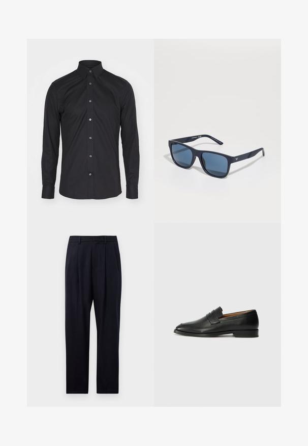 Tiger of Sweden ADLEY - Formāls krekls - black; Navy krāsas bikses taisnā piegriezumā, ar fakturētu audumu, diviem priekšējiem vīlēm, jostas cilpām un rāvējslēdzēja aizdari.; Melnas ādas loafers ar noapaļotu purngala formu, smalku izšuvumu un zemu papēdi, piedāvājot gludu tekstūru un minimālistisku dizainu.; Zilie taisnstūra saulesbrilles ar tumšiem stikliem, matēta jūras zila ietvaros, logo detaļa uz tempļa, taisnas rokas un cieta, gluda virsma.