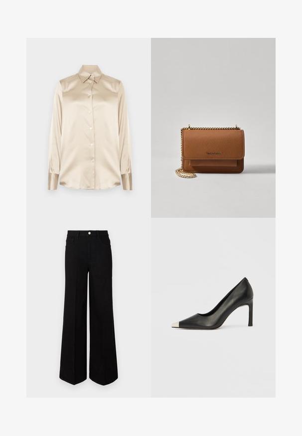 Krémová saténová košile s špičatým límcem, dlouhými rukávy, zapínáním na knoflíky a manžetami s mírně lesklejším povrchem. Bez vzorů nebo akcentů.; Černé široké džíny vyrobené z pevné látky, s vysokým pasem, předními kapsami a zapínáním na knoflík. Rovný lem na spodním okraji.; Černá kožená lodička na vysokém podpatku s špičatou špičkou a stříbrnou kovovou špičkou. Má hladký povrch a štíhlý 10cm podpatek.; Hnědá texturovaná kožená kabelka přes rameno se zlatým řetízkovým popruhem a klopnovým uzavíráním. Přední strana obsahuje detail loga a kapsu pod klopou.