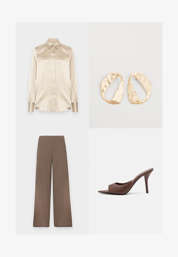 Camisa de cetim bege com gola pontuda, mangas de comprimento total, fecho de botão e punhos com um acabamento ligeiramente mais brilhante. Sem padrões ou detalhes.; Calças castanhas de perna larga com cós plano, sem bolsos visíveis nem fechos, apresentadas sobre um fundo branco.; Mules de salto alto abertas, em couro castanho, com um design elegante, apresentando uma larga tira na parte da frente e um esbelto salto agulha.; Par de brincos irregulares em forma oval, feitos de metal dourado, com uma superfície texturizada e ligeiramente martelada, sobre um fundo branco.