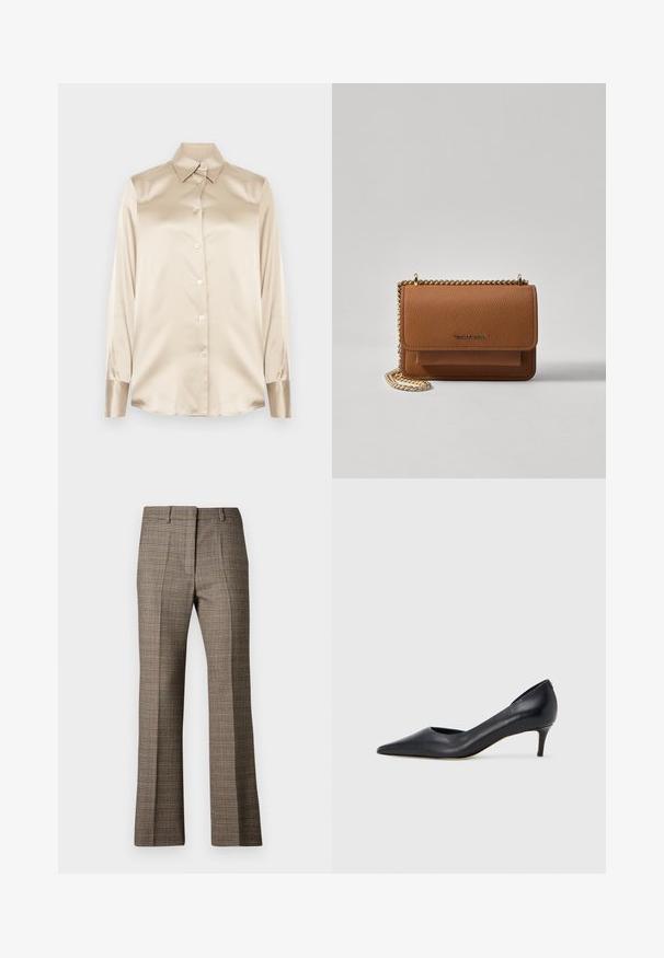 Beige satengskjorte med spiss krage, lange ermer, knappestillinger og mansjetter i en litt glansfull finish. Ingen mønstre eller aksenter.; Brune rutete bukser med rett benkutt, med teksturert stoff og subtile farger av beige og mørkere brunt gjennom mønsteret.; Sort lærpumps med spiss tupp og lav hæl. Har en jevn tekstur og subtil glans. Åpen utskjæring foran for ekstra detalj.; Brun teksturert lær crossover-veske med gullkjede-stropp og klaffelukking. Fronten har logo-detalj og en lomme under klaffen.