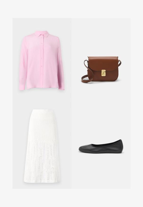 Blusa rosa clara com colarinho clássico, mangas longas e fecho de botão à frente. O material parece suave e ligeiramente transparente.; Saia midi branca de malha com um padrão texturizado com linhas verticais e detalhes recortados perto da bainha. Cintura elástica. Material suave.; Bailarina preta em pele com bico arredondado, textura suave, detalhe de costura minimalista e design de sola flexível.; Bolsa de couro castanho com fecho de aba, decoração em tom dourado, alça de ombro e textura suave. Formato retangular compacto.