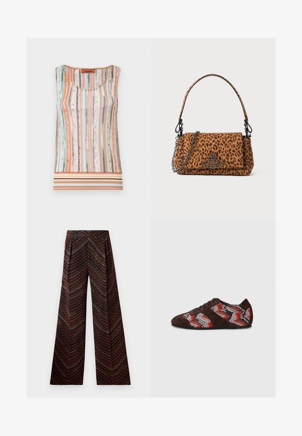 Pleteni bezrukavni top s višebojnim vertikalnim prugama u pastelnim nijansama, s okruglim izrezom i prugastim rubom u zemljanim tonovima.; Hlače širokog kroja s visokim strukom i cik-cak uzorkom u nijansama smeđe, crne, ružičaste i zelene na bijeloj pozadini.; Smeđi suknjeni tenisice s cik-cak uzorkom u crvenoj, crnoj i bijeloj tkanini, s crnim vezicama i gumenim potplatom.; Torba na rame od suede u leopard uzorku s kratkom ručkom, lančićem i crnim metalnim kopčom. Pravokutnog oblika s preklopom.