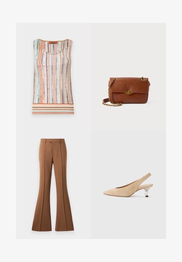Top sem mangas tricotado com listras verticais multicoloridas em tons pastel, com decote arredondado e bainha listada em tons terrosos.; Calças marrons de pernas largas feitas de um tecido suave, com uma cintura alta, pregas vincadas e um bolso frontal para um detalhe adicional.; Sapato slingback em camurça bege com bico apontado e um salto arredondado transparente. Textura suave e design minimalista.; Bolsa de ombro em couro castanho com fecho em aba, acessórios em dourado e alça de corrente. Textura suave, forma retangular, detalhes mínimos.