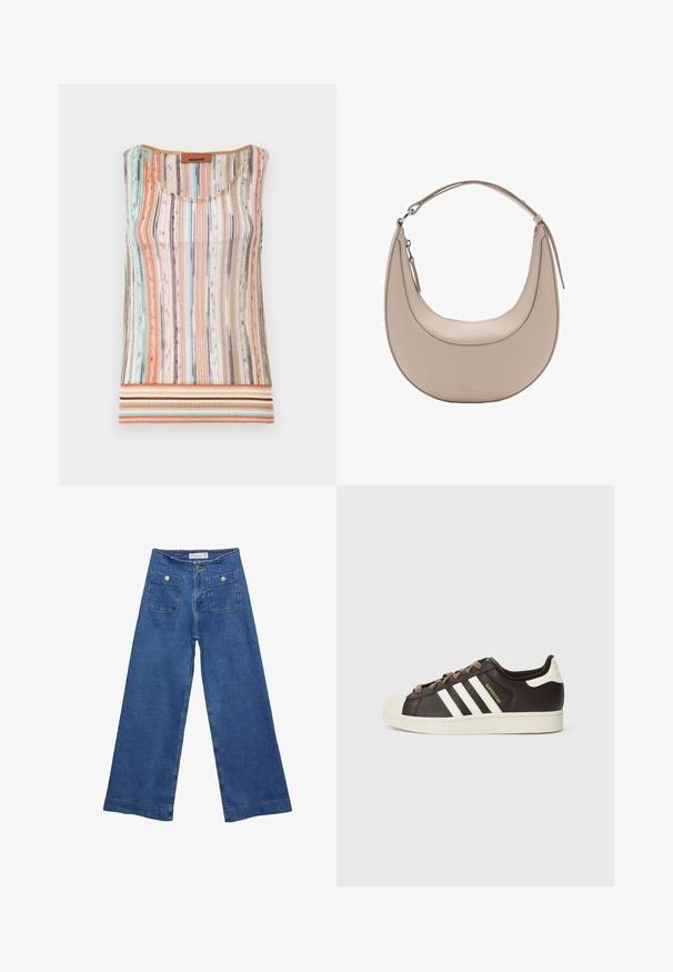 Neuleliivi, jossa on vaaleita pystysuoria raitoja useissa väreissä, pyöreä pääntie ja maapastellin sävyinen raitareunus.; Denim leveled-leg farkut keskisinisellä pesulla, kahdella etupussilla, joissa on nappisuljenta, ja ommelluilla yksityiskohdilla helmoissa.; Matala Adidas Superstar -tennari tummanruskeasta nahasta, jossa on kermahtava kuorikärki, valkoiset raidat ja "Superstar"-teksti sivussa.; Vaaleanbeige nahkainen olkalaukku, jossa on kuu-ukko muoto, sileä pinta ja yksi kaareva kahva. Varusteena vetoketjukiinnitys ja siisti ompelu.