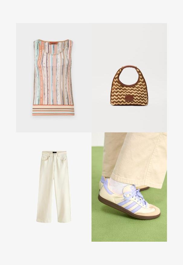 Top sin mangas de punto con rayas verticales multicolores en tonos pasteles, con un escote redondeado y un dobladillo a rayas en tonos tierra.; Pantalones de pierna ancha en denim beige claro, con cierre de botón, cinco bolsillos y una textura suave. Diseño sencillo y moderno.; Zapatillas de crema y lavanda con tres rayas y una suela marrón texturizada, que cuentan con cordones y un talón acolchado. Parte superior de tela suave.; Bolsa de paja tejida con un patrón de zigzag, asa y base de cuero marrón, y un parche rectangular con el logo en la parte delantera.