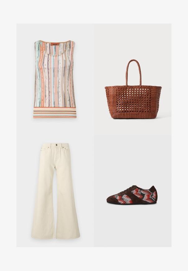 Top tricotat fără mâneci, cu dungi verticale multicolore în nuanțe pastelate, cu o decolteu rotund și un tiv în dungi în tonuri pământii.; Jeans flared de culoare bej deschis, din bumbac. Au talie înaltă, cinci buzunare și un sistem de închidere cu buton, cu detalii de cusătură în contrast.; Tenis din suede maro cu un model zigzag în nuanțe de roșu, negru și alb, din material țesut, cu sireturi negre și talpă din cauciuc.; Geantă de tote din material țesut, de culoare maro, cu un model deschis, în formă rectangulară și două mânere împletite. Prezintă o bază solidă pentru suport.