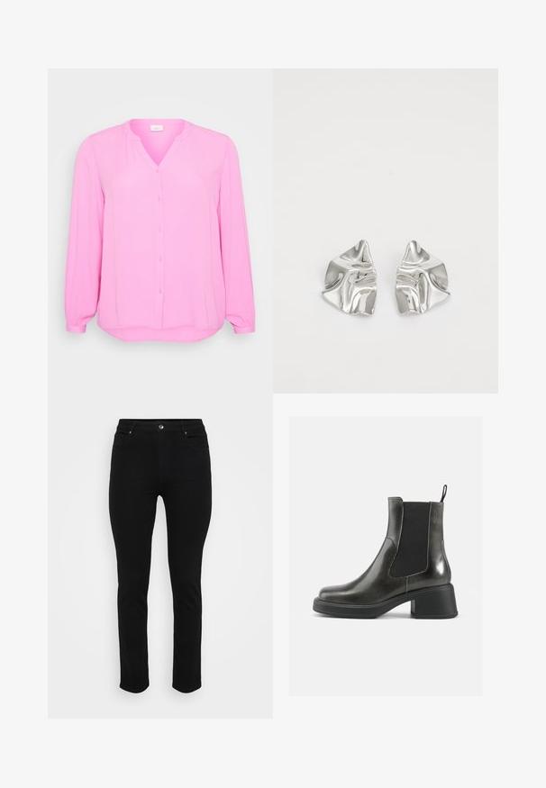 Blusa rosa de mangas longas com decote em V e fecho de botões, feita em tecido leve, apresentando mangas franzidas e uma bainha curvada.; Jeans de ganga pretos com um corte slim, design de cinco bolsos, fecho frontal por botão e ligeira elasticidade para conforto. Textura lisa e plana com detalhes mínimos.; Botas de tornozelo em couro negro com um acabamento liso, painéis laterais elásticos e um salto robusto. Apresentam uma alça na parte de trás para facilitar o calçar.; Brincos de metal prateado com um design ondulante e escultural, apresentando um acabamento polido e formas irregulares, destacando uma estética contemporânea.