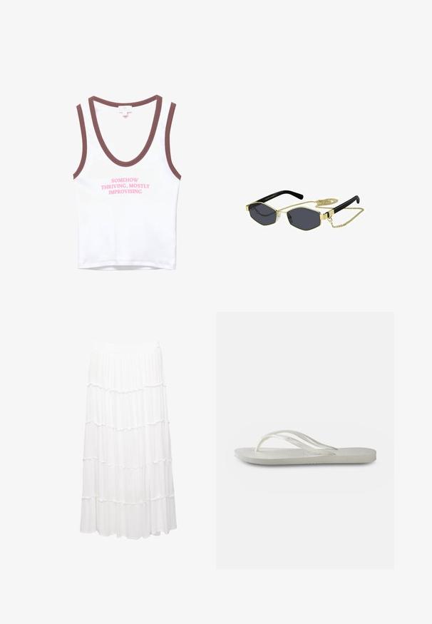 White sleeveless top with brown trim featuring pink text that reads “SOMEHOW THRIVING, MOSTLY IMPROVISING.” Soft cotton material, simple design.; White tiered skirt made of lightweight fabric, featuring a stretchy waistband, ruffled layers, and a flowing design that extends to mid-calf.; White flip-flop with a textured sole, featuring thin straps and a flat design. Made of rubber with a subtle logo on the footbed.; Octagonal sunglasses with dark lenses, gold metal accents, and black plastic arms; includes a detachable gold chain.