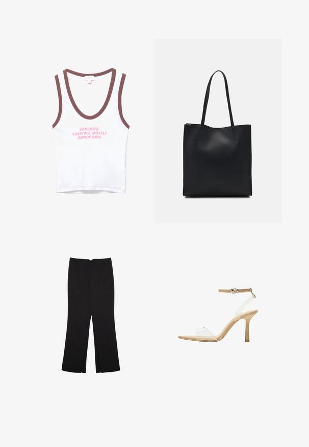 Weißes ärmelloses Top mit braunem Saum und pinkem Text, der "SOMEHOW THRIVING, MOSTLY IMPROVISING" liest. Weiches Baumwollmaterial, einfaches Design.; Schwarze Hose mit geradem Schnitt, ausgestattet mit Fronttaschen und Seitenschlitzen am Saum. Hergestellt aus weichem, glattem Stoff. Geeignet für verschiedene Anlässe.; Durchsichtige Sandale mit transparentem Obermaterial, beigem Fußbett und einem schlanken Knöchelriemen. Sie hat eine spitz zulaufende Zehenpartie und einen dünnen, hohen Absatz.; Schwarze Laptoptasche aus Leder mit glatter Textur, rechteckiger Form und zwei langen Griffen. Keine sichtbaren Beschläge oder Verzierungen.