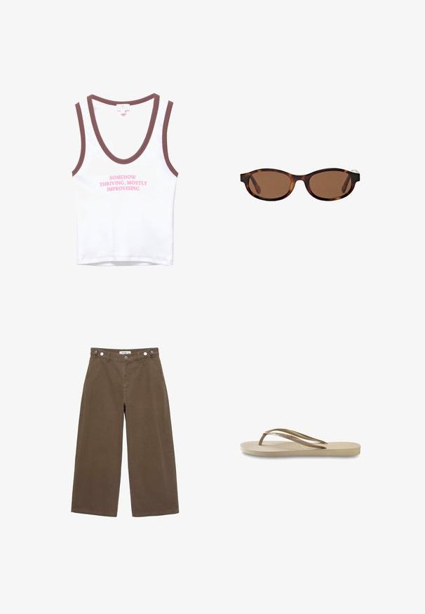 Witte mouwloze top met bruine afwerking voorzien van roze tekst die leest "SOMEHOW THRIVING, MOSTLY IMPROVISING." Zachte katoenmateriaal, eenvoudig ontwerp.; Bruine wijde pantalon gemaakt van een duurzame stof. Beschikt over twee vo pockets, een knoopsluiting en een relaxte pasvorm met een zachte textuur.; Lichtbeige flip-flop met een getextureerde voetbed, platte zool en dunne, glanzende bandjes. Heeft subtiele merkvermelding op het bandje.; Bruine zonnebril met ovale montuur, voorzien van een schildpadpatroon en brede armen. Gladde textuur en subtiele brandingdetails aan de zijkant.; Donkergroene leren schoudertas met een ritssluiting aan de bovenkant, platte vorm, verstelbare band met perforaties en een gladde, matte textuur.