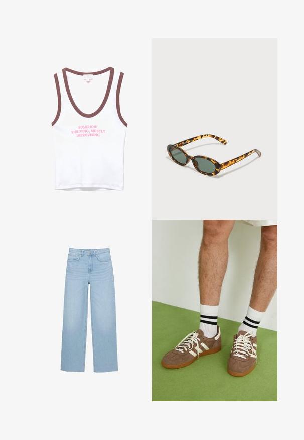 White sleeveless top with brown trim featuring pink text that reads “SOMEHOW THRIVING, MOSTLY IMPROVISING.” Soft cotton material, simple design.; Light blue wide-leg jeans made of denim, featuring a high waist, straight cut, and five-pocket design with a clean hem.; Brown suede sneakers with white accents and laces. Rubber gum sole. Worn with white socks featuring black stripes. Green textured flooring.; Tortoiseshell sunglasses with oval frames, dark green lenses, and slender arms. Features a subtle logo on the arm.; Zign LEATHER - Tote bag - light brown