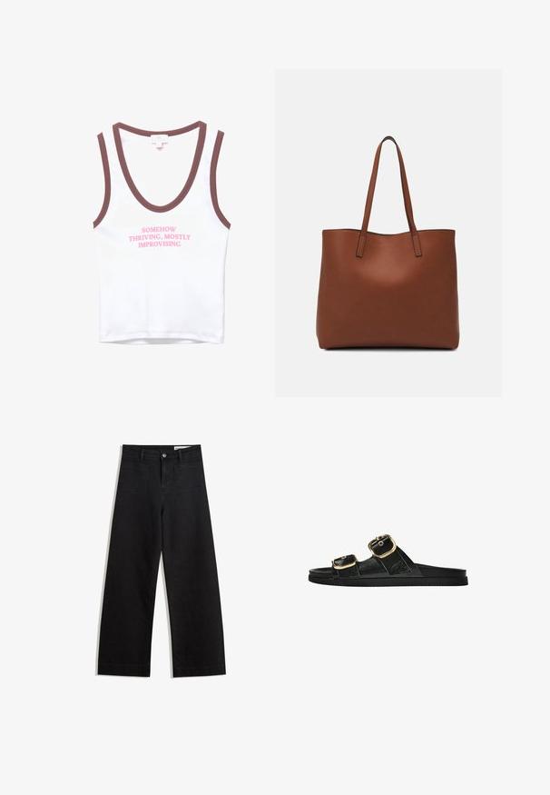 White sleeveless top with brown trim featuring pink text that reads “SOMEHOW THRIVING, MOSTLY IMPROVISING.” Soft cotton material, simple design.; Black wide-leg denim pants with a high waist, featuring front and back pockets, stitched seams, and a button closure. Smooth texture.; Black slide sandal with two gold buckle accents, smooth textured material, flat sole, and a minimalist design.; Brown leather tote bag with a smooth texture, open top design, and two shoulder straps. Features minimal stitching and no visible hardware.