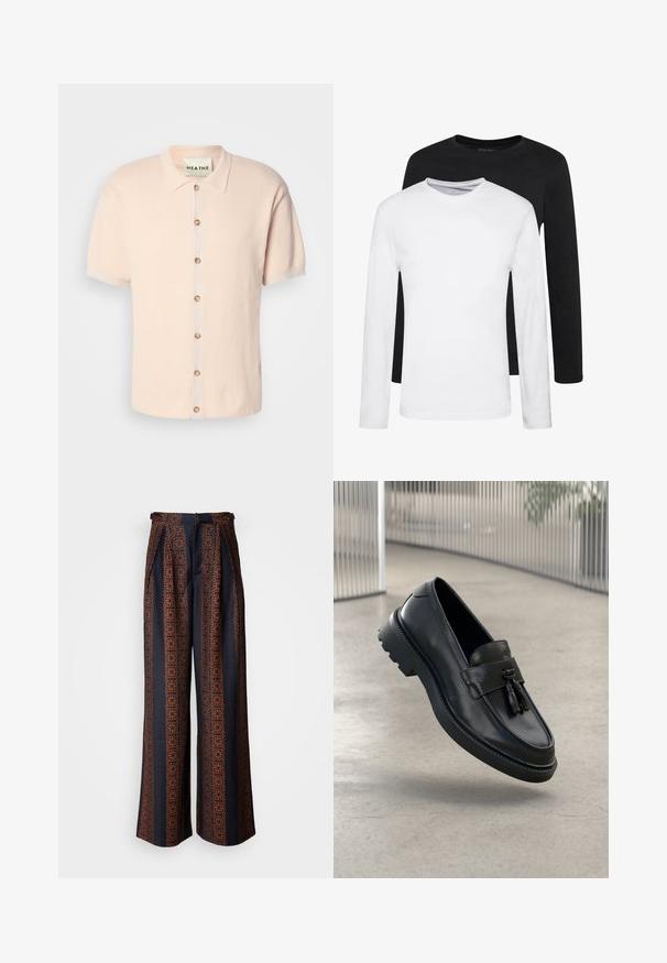 Košeľa s krátkym rukávom a golierom v jemnej ružovej farbe, ktorá má textúrovaný vzor, predné zapínanie na cvočky s okrúhlymi gombíkmi a logom na leme.; Dvoje tričiek s dlhým rukávom, jedny čierne a jedny biele, z bavlny s okrúhlym výstrihom a hladkou textúrou, zobrazené v uloženom usporiadaní.; Široké nohavice z tmavomodrej látky s zložitým oranžovým geometrickým vzorom, s plisovaným predným dielom a úzkym pásom.; Čierne kožené mokasíny s hladkým povrchom, dekoratívnym strapcom, hrubou gumovou podrážkou a prešívanými detailmi. Ľahký a elegantný dizajn.