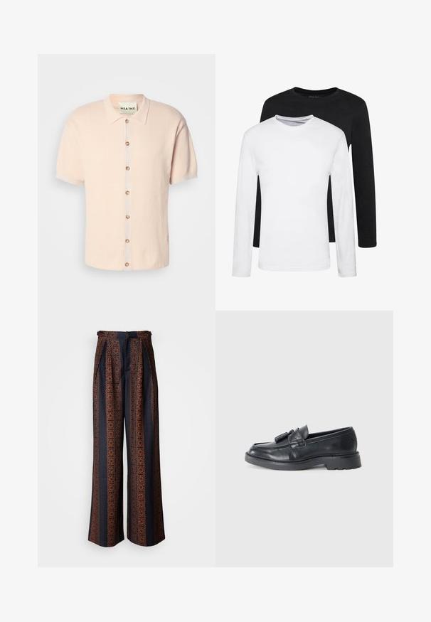 Camisa de manga corta con cuello en rosa suave, que presenta un patrón texturizado, cierre frontal de botones redondos y un detalle de logo en el dobladillo.; Dos camisetas de manga larga, una negra y una blanca, hechas de algodón, con cuello redondo y una textura suave, exhibidas en un arreglo apilado.; Pantalones de pierna ancha en tejido azul oscuro con un intricado patrón geométrico naranja, con un frente plisado y una cinturilla ajustada.; Mocasines de cuero negro con punta redondeada, una correa con borlas y una suela gruesa con un patrón de relieve. Textura suave y diseño clásico.