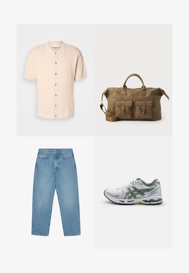 Hedvábná košile s krátkým rukávem v jemně růžové barvě, se strukturálním vzorem, zapínáním na knoflíky s kulatými knoflíky a logem umístěným na lemu.; Světle modré džíny s širokými nohavicemi a vysokým pasem, které mají pět kapes, poutka na opasek a měkkou, mírně vybledlou strukturu.; Bílé běžecké boty se stříbrnými akcenty, zeleným síťovaným límcem a zelenými pruhy. Mají texturovaný síťovaný svršek a polstrovanou podrážku.; Hnědá kožená cestovní taška s dvěma předními kapsami, nastavitelným ramenním popruhem, zlatými kovovými prvky a pevnými horními uchy. Hladký povrch.