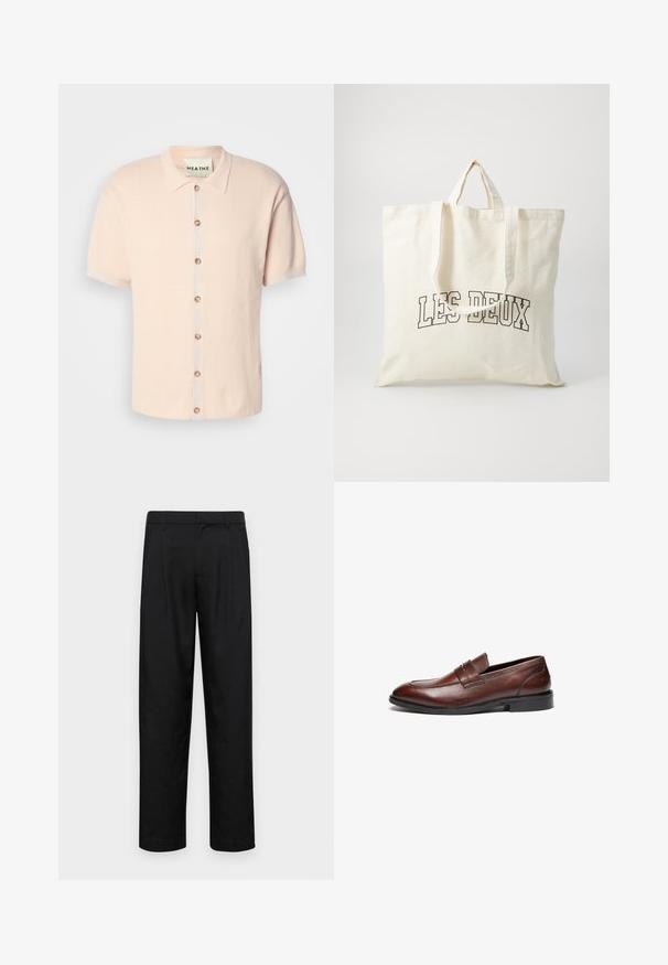 Košeľa s krátkym rukávom a golierom v jemnej ružovej farbe, ktorá má textúrovaný vzor, predné zapínanie na cvočky s okrúhlymi gombíkmi a logom na leme.; Čierne nohavice vyrobené z hladkej tkaniny, s rovnými nohavicami, dvoma prednými skladmi a štandardným pásom s pútkami na opasok.; Hnedé kožené loafers s hladkým povrchom, zaoblenou špičkou, dekoratívnym pásikom a čiernou gumovou podrážkou. Obsahuje minimálny detail šitia.; Bavlnená taška v off-white farbe s krátkymi rúčkami a potlačeným textom "LES DEUX" v tučných čiernych písmenách. Odolný, jednoduchý dizajn.