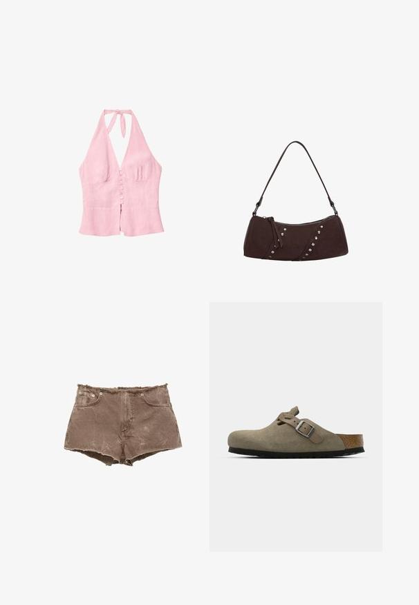 Roza lanena halter majica z V-izrezom, z gumbom spredaj in z vezanjem okoli vratu. Preprost dizajn in teksturirana tkanina.; Brajni jeansi za kratke hlače s razfrkanim rubom, dizajn s pet žepov in metalni gumbi. Material izgleda nekoliko obrabljen z teksturirano površino.; Semišni klobuki v svetlo olivno zeleni barvi z oblikovanim plutovim in gumijastim podplatom. Vključuje stransko zanko z kovinsko zaponko in zaobljenim nosom.; Rjava sintetična usnjena torbica s ukrivljeno obliko, zadrgo in dekorativnimi srebrnimi žebljički ob eni strani. Ima kratko naramnico.