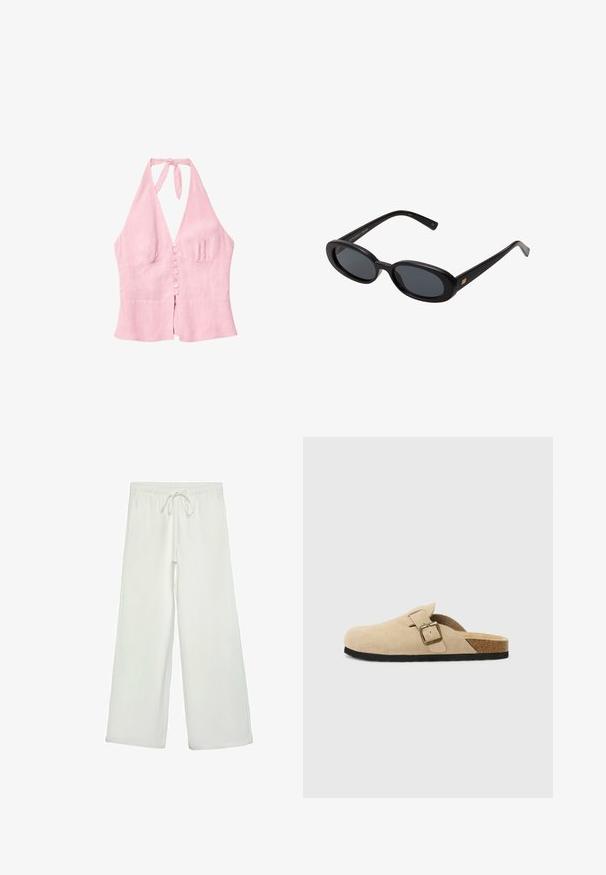 Roze linnen haltertop met een V-hals, voorzien van een knoopsluiting aan de voorkant en een strik om de hals. Eenvoudig ontwerp en textuurstof.; Witte wijde broek van zacht materiaal. Heeft een elastische tailleband met een trekkoord en een gladde textuur. Geen zichtbare patronen of hardware.; Beige suède instapklompen met een kurken voetbed, een ronde teen en een eenvoudige band met een goudkleurige gesp. Rubberen zool voor grip.; Zwarte oversized zonnebril met ovale lenzen, een glad plastic montuur en gouden accenten op de pootjes. Donkere lenzen bieden bescherming tegen de zon.