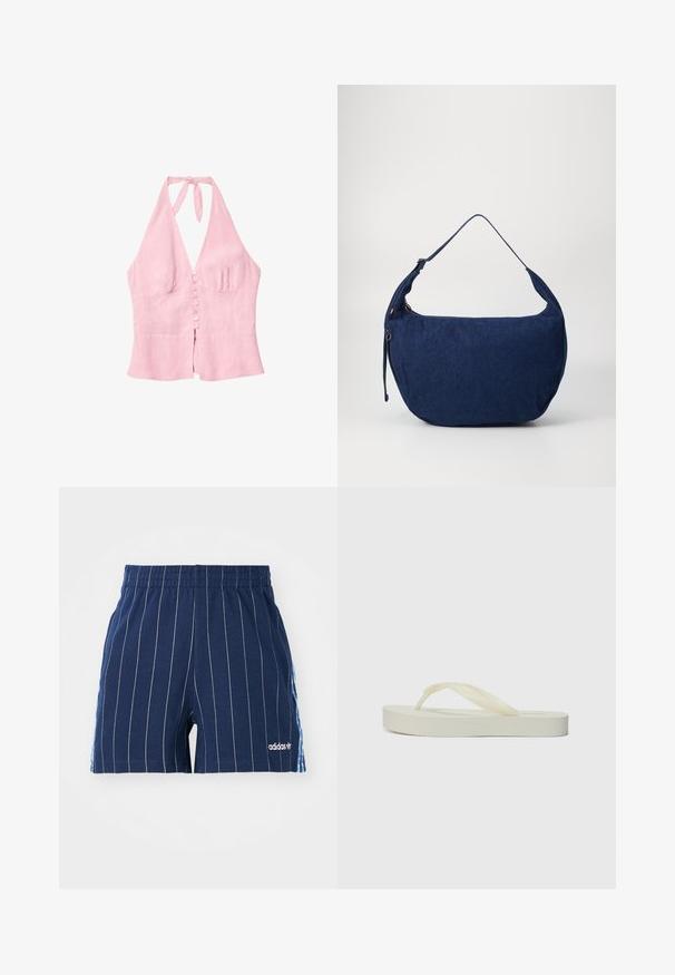 Ružový ľanový halter top s V-výstrihom, s gombíkovým zapínaním vpredu a viazaním na krku. Jednoduchý dizajn a štruktúrovaná tkanina.; Námornícke modré šortky s bielymi pruhmi, elastický pás a logo Adidas. Obsahujú modré akcenty po stranách, vyrobené z bavlneného zmesi.; Svetlo krémové žabky s plochou podrážkou, hrubými textúrovanými popruhmi a hladkým povrchom. Mäkko materiálne, minimalistický dizajn a bez výrazného brandingu.; Modrá deninová taška cez rameno s zakriveným tvarom, nastaviteľným popruhom, uzáverom na zips a jemnou textúrou. Má minimalistický dizajn a bez viditeľného kovania.