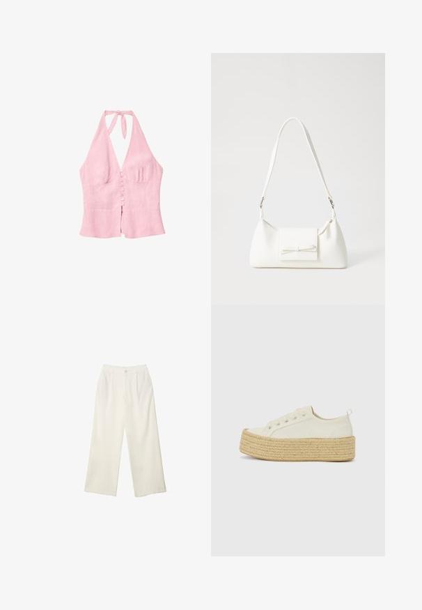 Top halter in lino rosa con scollo a V, caratterizzato da una chiusura a bottoni sul davanti e un laccio al collo. Design semplice e tessuto texturizzato.; Pantaloni a gamba larga in tessuto crema con una texture liscia, caratterizzati da un singolo bottone frontale, pieghe sottili e un design a vita alta.; Sneakers platform in canvas color avorio con suola in juta intrecciata e testurizzata. Presentano occhielli metallici e lacci piatti. Design con punta arrotondata.; Borsa sintetica bianca a forma triangolare, con patta anteriore piatta e dettaglio a fiocco, tracolla regolabile, texture liscia e design minimalista.