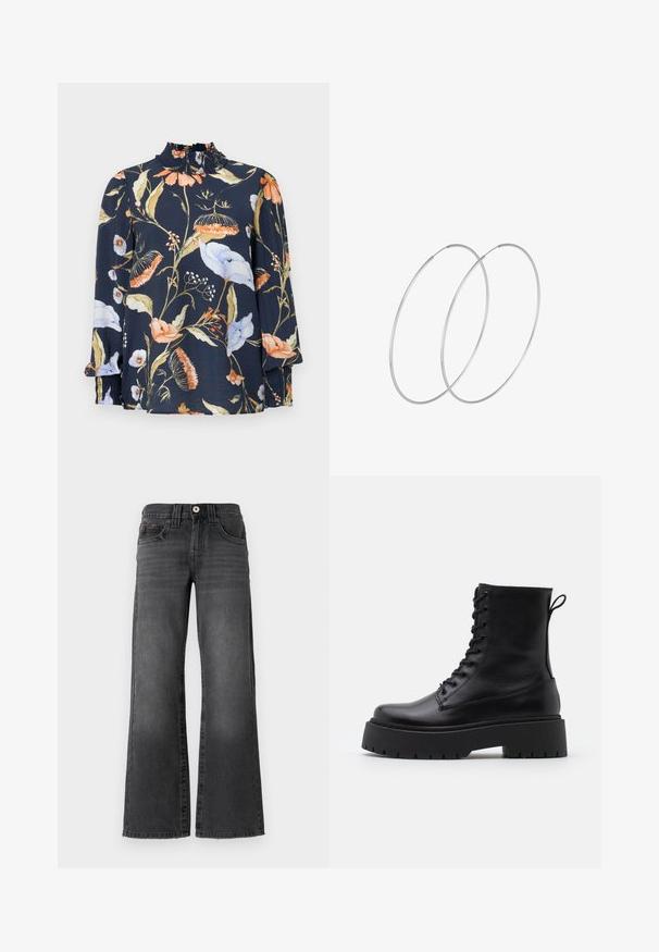 Tmavomodrá blúzka s dlhým rukávom s kvetinovými vzormi v oranžovej, bielej a zelenej farbe. Má zberaný výstrih a elastické manžety. Mäkkučká textúra látky.; Džínsy s voľným strihom v tmavosivej džínovine. Obsahujú päť vreciek, gombíkový uzáver a jemné vyblednutie látky. Klasické prešitie ako akcent.; Čierne kožené členkové topánky s okrúhlou špičkou, šnurovaním vpredu a hrubou gumovou podrážkou s textúrovaným vzorom. Sťahovací pútko na zadnej strane.; Strieborné kruhové náušnice s minimalistickým dizajnom. Cirkulárny tvar, hladký povrch a tenký profil. Ľahké s lesklým povrchom.