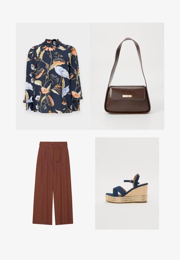 Blusa de manga longa azul escura com estampados florais em laranja, branco e verde. Apresenta um decote franzido e punhos elásticos. Textura de tecido suave.; Calças de perna larga em tecido castanho, com um cinto de fivela quadrada, design pregueado e textura suave.; Sandal com saltos em azul marinho, com tiras cruzadas, uma plataforma de fibra natural texturizada e um detalhe metálico dourado na base.; Bolsa de ombro em couro castanho com uma forma estruturada, apresentando um fecho magnético e um detalhe metálico com o logótipo na frente.