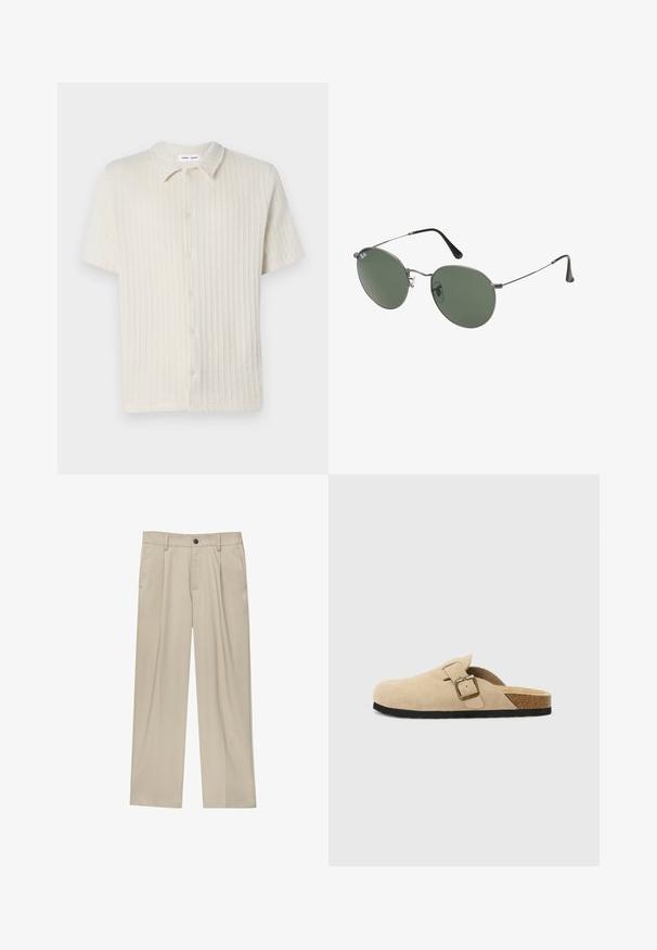 Košulja kratkih rukava, s gumbima, u svijetloj bež boji s teksturiranim rebrastim uzorkom i klasičnom kragnom. Izrađena od mekanog, prozračnog materijala.; Bijela kratkodlana majica s kratkim rukavima, izrađena od pamuka, s okruglim izrezom i opuštenim krojem. Gladak materijal, bez vidljivih uzoraka ili akcenta.; Bež hlače ravnog kroja s jednim crnim gumbom, petljama za remen i bočnim džepovima. Glatka tekstura tkanine i minimalistički dizajn.; Bež semisoft cipele s otvorenom petom, s plutenom unutrašnjosti, zaobljenim nožnim prstom i jednostavnom trakom sa zlatnim kopčanjem. Gumeni potplat za bolji grip.; Naočale s metalnim okvirom i ovalnim zelenim staklima. Tanka srebrna metalna konstrukcija i crni silikonski jastučići za uši. Minimalistički dizajn, bez vidljivih logotipa.