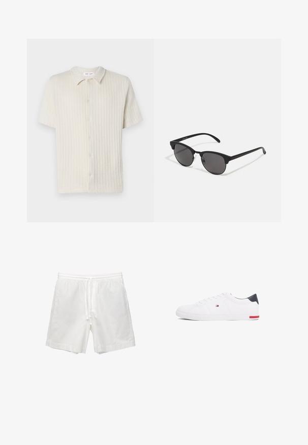 Koszula krótki rękaw, na guziki w jasnym beżowym kolorze z teksturowanym prążkowanym wzorem i klasycznym kołnierzykiem. Wykonana z miękkiego, oddychającego materiału.; Białe bawełniane szorty z elastycznym pasem w talii ze sznurkiem, bocznymi kieszeniami oraz prostym krojem z wykończonymi brzegami.; Białe niskie tenisówki wykonane z gładkiej skóry. Posiadają granatowy zapiętek i czerwony akcent na podeszwie. Sześć oczek na sznurowadła.; Czarne okulary przeciwsłoneczne z okrągłymi soczewkami, matowym wykończeniem i charakterystycznym kształtem kota. Smukłe ramiona z subtelnym logo na lewym skroniu.