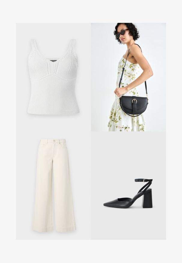 White ribbed knit tank top with thick straps, features a textured pattern and a fitted silhouette, designed for a snug fit.; Wide-leg, light beige denim trousers with a high waist, two front pockets, button closure, and subtle stitching detail.; Black leather pointy-toe pump with an ankle strap and a chunky heel. Flat texture, sleek design, and minimalistic aesthetics.; Black leather handbag with a curved shape, detachable strap, and gold hardware. The bag features a flap with a buckle detail.