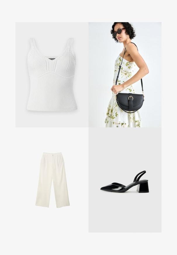 Bela rebrasta pletena majica bez rukava s debljim naramenicama, sadrži teksturirani uzorak i uski kroj, dizajnirana za prilagođeni fit.; Hlače širokih nogavic iz kremaste tkanine z gladko teksturo, z enim sprednjim gumbom, diskretnimi plisami in visokim pasom.; Črne lakirane slingback pete s koničastim nosom in geometrijsko blokasto peto. Imajo eleganten, minimalističen dizajn in gladko teksturo.; Črna usnjena torbica s ukrivljeno obliko, z odstranljivo naramnico in zlatimi dodatki. Torbica ima pokrov s podrobnostmi v obliki zaponke.