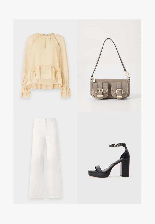 Bluză bej cu mâneci lungi, cu străluciri subtile, decolteu în formă de cheie, tiv ondulat și manșete cu volane strânse, pe un fundal simplu.; Jeans albe, cu talie înaltă și croială largă, realizate din denim. Dispun de închidere cu buton, două buzunare frontale și cusături detaliate pe laterale.; Sandale cu platformă negre, cu toc gros, din material din piele netedă, cu vârf deschis și un sistem de prindere la gleznă cu un accent de cataramă aurie.; Geantă bej texturată, cu curea ajustabilă, două buzunare frontale asigurate cu catarame și accente din metal aurit. Închidere cu fermoar în partea de sus.