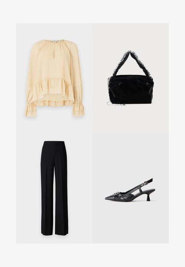 Langærmet beige bluse med diskrete glimt, hjerteformet udskæring, flæset kant og samlede flæseærmer på en ensfarvet baggrund.; Sorte vide benbukser med en glat tekstur, der har en høj talje og centerfolder. Ingen synlige mønstre eller hardware detaljer.; Sort lædersandal med spids tå, dekorative stropper med metaløjer og en lav blokhæl. Struktureret overflade.; Sort faux læder håndtaske med en tekstureret overflade, der har en perlesmykke i sølv langs det øverste håndtag og en kædestrop.