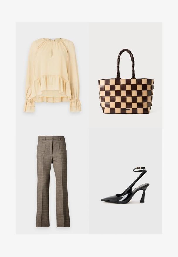 Bluză bej cu mâneci lungi, cu străluciri subtile, decolteu în formă de cheie, tiv ondulat și manșete cu volane strânse, pe un fundal simplu.; Pantaloni în carouri maro, cu un croi drept, având un material texturat și nuanțe subtile de bej și maron închis în întregul model.; Sandale cu toc înalt din piele patent neagră, cu vârf ascuțit, curea ajustabilă la gleznă și toc mediu pătrat. Textură netedă cu un finisaj lucios.; Geantă tote din piele maro și bej, cu un model țesut în carouri și mânere împletite, pe un fundal alb.