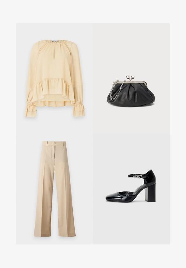 Béžová blúzka s dlhým rukávom a jemnými trblietkami, výstrihom v tvare kľúčovej diery, volánovým lemom a zhromaždenými volánovými manžetami na jednofarebnom pozadí.; Béžové široké nohavice vyrobené z hladkej tkaniny, s plochým predným dielom s skladmi, zipsom a pútkami na opasok. Celkový strih je upravený.; Čierne lakované dámske topánky na vysokom opätku so štvorcovou špičkou, remienkom okolo členku a masívnym opätkom. Obsahuje perforované detaily pozdĺž lemu.; Čierna kožená kabelka s vrúbkovou textúrou, strieborným kovovým rámom, uzáverom na pobozkanie a retiazkou na nosenie. Hladký, jemný povrch.