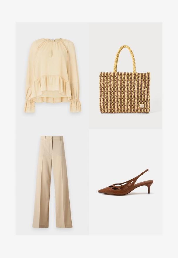 Langærmet beige bluse med diskrete glimt, hjerteformet udskæring, flæset kant og samlede flæseærmer på en ensfarvet baggrund.; Beige bukser med vid ben lavet af blødt stof, med en flad foran med folder, lynlås og bæltestropper. Skræddersyet pasform generelt.; Brune læderslingback med spids tå, udskæringsdesign og stikninger. Har en slank hæl og justerbar rem.; Vævet taske i brun og gul, med en rektangulær form, to håndtag, og en tekstureret overflade med synlige sting og et mærke.