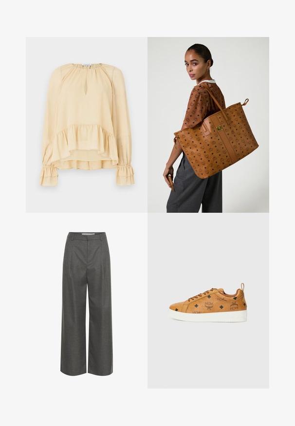 Beige tunika pitkät hihat, joissa on hienovaraisia säihkeitä, avonainen kaula-aukko, röyhelöhelma ja kerätyt röyhelöhihat yksinkertaisella taustalla.; Harmaat leveälahkeiset housut, jotka on valmistettu tekstuuri-kankaasta. Housuissa on korkea vyötärö ja etupleatit, eikä näkyviä taskuja tai metallisia yksityiskohtia.; Ruske nahkakengät valkoisilla kumipohjilla, joissa on mustia timanttikuvioita ja MCM-logot sivuilla. Mukana nauhat ja takana oleva lenkki.; Iso suurikokoinen beige kantolaukku, jossa on kohokuvioitu kuvio, sileä pinta, litteät hihnat ja kultasävyinen varuste.; Ruskea nahkalompakko vetoketjulla, jossa on mustia MCM-logoja ja timanttikoristeita sileäpintaisella pinnalla.