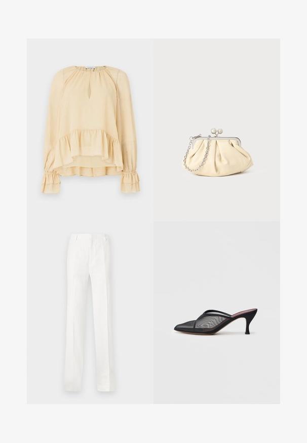 Béžová blúzka s dlhým rukávom a jemnými trblietkami, výstrihom v tvare kľúčovej diery, volánovým lemom a zhromaždenými volánovými manžetami na jednofarebnom pozadí.; Biele nohavice s rovnými nohavicami vyrobené z ľahkej textílie. Majú plochý predný diel, pútka na opasok a žiadne viditeľné vzory ani ozdoby.; Čierne sieťované muly s špicatou špičkou, tenkými popruhmi a 3-palcovým ihlovým podpätkom. Obsahujú priehľadnú textúru a pevnú tónovú podrážku.; Zhlý béžový kožený klobúk so strieborným kovovým rámom, ktorý má dve okrúhle dekoratívne zámky a strieborný reťazový popruh.; Zlatý prsteň s dizajnom koruny vnútri podkovy, zdobený malými priehľadnými drahokamami, na bielom pozadí.
