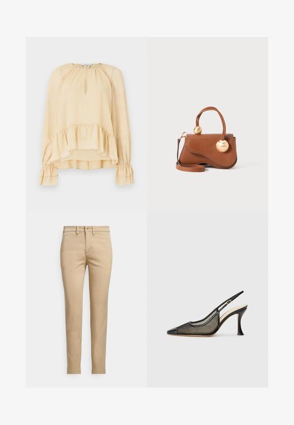 Pikendustega beež pluus, millel on peened sädelused, võtiauk kaelus, volangist alläär ja volangiliste varrukate mansetid, lihtsal taustal.; Beežid puuvillased chino-püksid sirge lõikega, millel on nööpkinnitused, esimesed taskud ja õmblustel tikkimismustrid.; Mustmustel mustkand jala jalaga kõrged kontsad, millel on terav varvas, võrgutooted ja sile nahast oma. Värvid hõlmavad musta ja beeži акtsenti.; Pruun nahast käekott lainekujulise disainiga, millel on kaks ümmargust kuldset aksessuaari ja eemaldatav õlavarre rihm mitmekesiste kandmisvõimaluste jaoks.