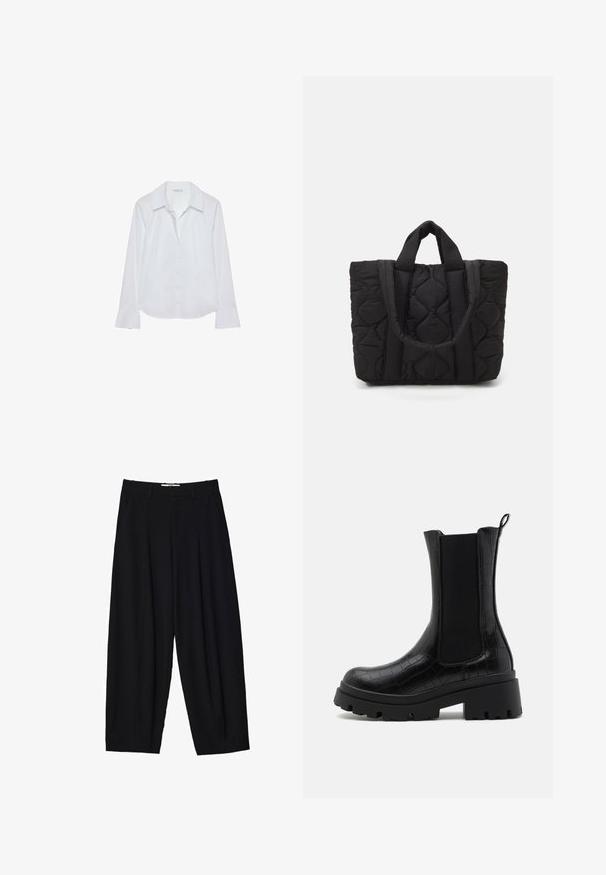 Weißes Langarmhemd mit Kragen, Knopfleiste, zwei Brusttaschen, geradem Saum und leicht ausgestellten Ärmeln aus glattem Stoff.; Schwarze weit geschnittene Hose aus leichtem Stoff, mit vorderen Falten, klassischem Bund und seitlichen Taschen. Angenehme Struktur.; Schwarze Knöchelstiefel mit einer strukturierten Krokodilprägung, elastischen seitlichen Einsätzen und einer robusten schwarzen Sohle für zusätzlichen Grip und Stabilität.; Schwarze gesteppte Tragetasche mit zwei stabilen Tragegriffen, gefertigt aus einem strukturierten Stoff mit einem Rautenmuster für Langlebigkeit und Stil.