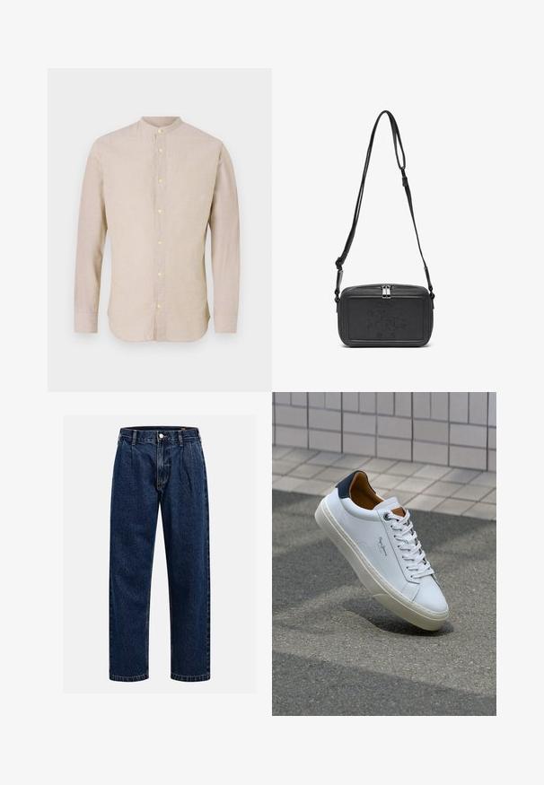 Hosszú ujjú, gombos ing világos bézs szövetből, mandarin gallérral és sárga gombokkal. Sima felület és testhez simuló fazon.; Fekete, rövid ujjú póló, amely 100% pamutból készült. A mellkason egy kis fehér logó található, és a jobb alsó részen egy téglalap alakú címke van.; Sötétkék farmernadrág egyenes szabással. Jellemzői a látható varrás, gombos záródás és elülső redők a további részletekért.; Fehér bőr sneaker sötétkék sarkúval, kerek orral és kontrasztos barna részletekkel. Lapított fűzőkkel és textúrált gumitalppal rendelkezik.; Fekete bőrből készült keresztbe hordható táska cipzáras záródással, dombornyomott logóval az elején és állítható pánttal. Simább textúrájú, téglalap alakú.