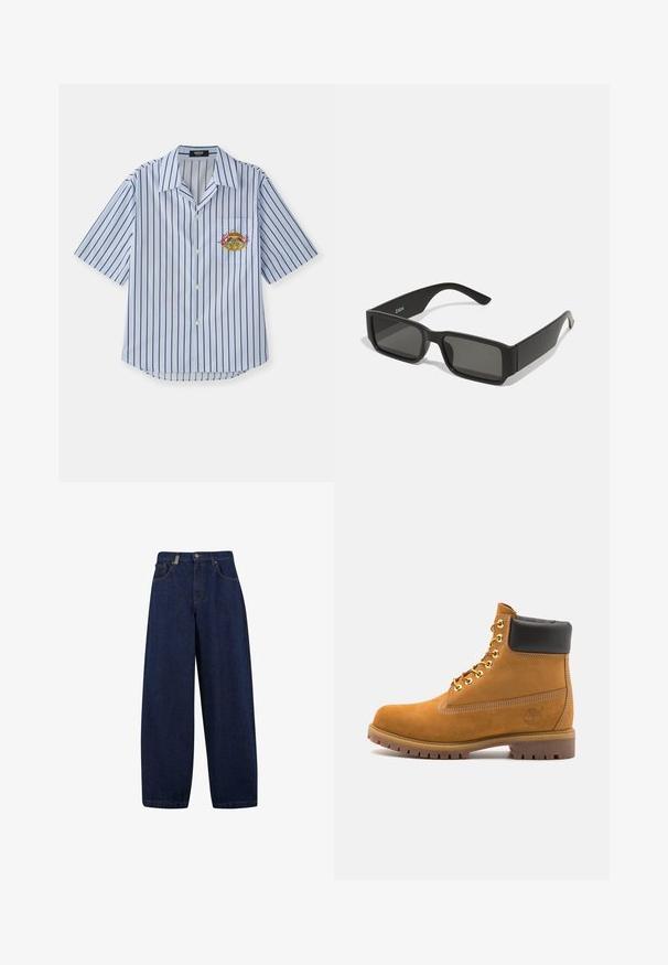 Krátký rukáv, modro-bíle pruhovaná košile s knoflíkovým zapínáním vpředu, náprsní kapsou a vyšitým designem kraba. Měkká tkanina, uvolněný střih.; Volné tmavě modré džíny s vysokým pasem, předními kapsami a rovnými nohavicemi. Obsahují stříbrné detaily a minimální šití.; Hnědé semišové kotníkové boty s černým polstrovaným límcem, zlatými kovovými očky, bílým prošíváním a odolnou gumovou podrážkou s výraznými drážkami.; Černé sluneční brýle s obdélníkovými čočkami, matný plastový rám a rovné okraje. Obsahují logo značky na vnitřní straně ramena.