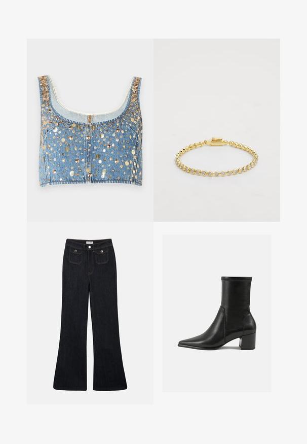 FRAME THE CHAMPAGNE - Linne - gold coloured; Vit strapless topp i mjukt tyg, med en slät yta, figurnära design och subtil rynkning vid bysten.; Uppvikta mörka denimjeans med hög midja, två framfickor och orange sömmar. Materialet verkar vara slitstarkt och mjukt.; Svart ankelboot i slät läder, med en spetsig tå, en blockklack och distinkt upphöjd söm längs den övre kanten.; Guldmetallarmband med runda klara rhinstenar i ett enhetligt mönster, med ett spänne på ena sidan. Slät yta och blank finish.